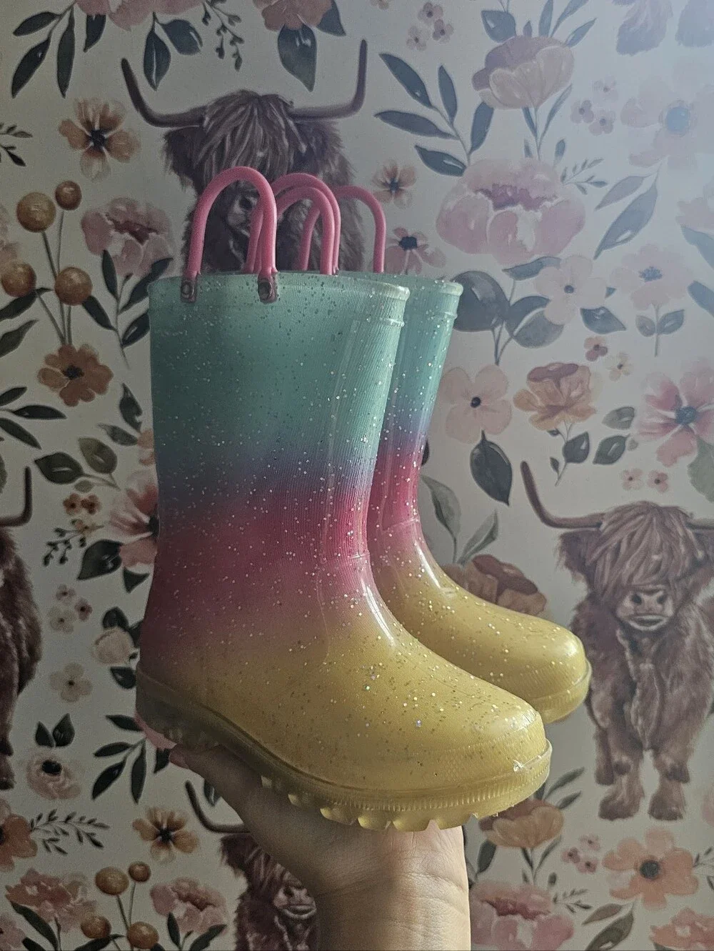 Kids Light-Up Rainbow Ombre Rain Boots - Pink Handles